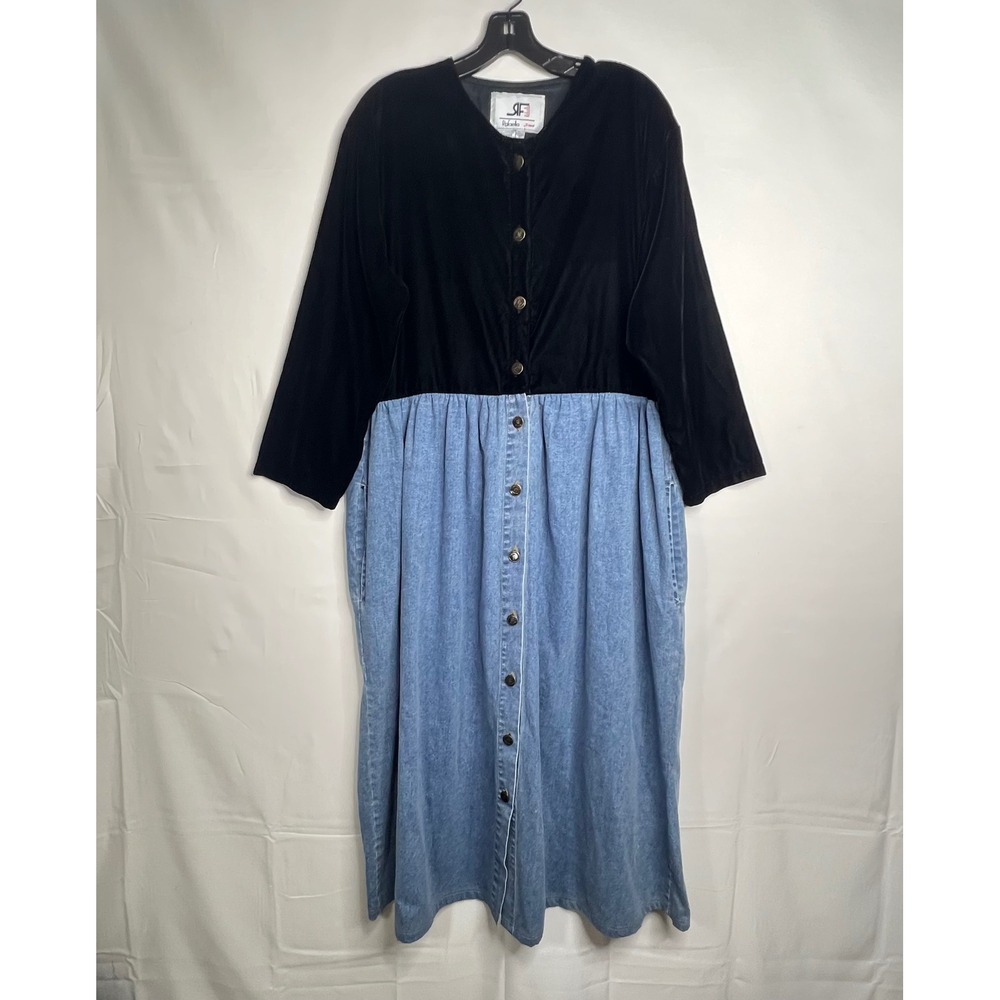 Rafaella Velvet & Denim Dress Womens 12 Midi Button Front‎ Vintage 90s Cottage